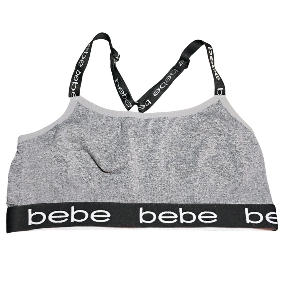 bebe Women's Gray Logo Strap Sports Bra Size L Bralette Athleisure